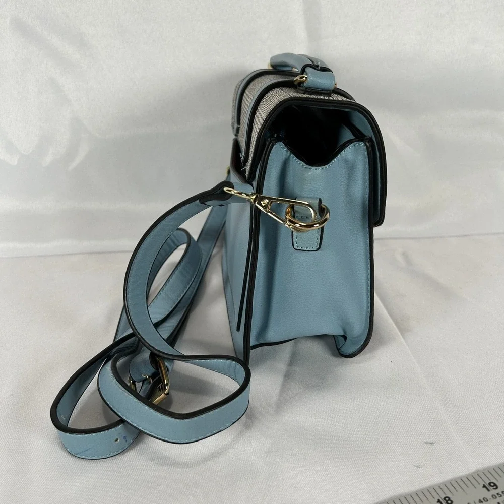 Michael Kors Glen Plaid Satchel Crossbody Bag Light Blue Gold W/Handle & Strap